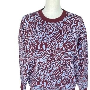 Men's Maroon and Light Blue Patterned Crewneck Sweater